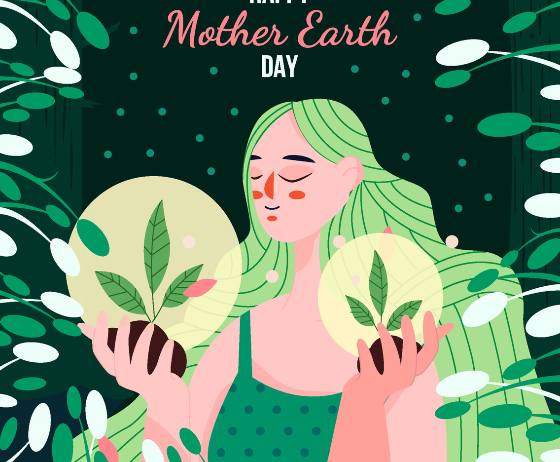 Long Haired Mother Earth Hold New Plants Concept