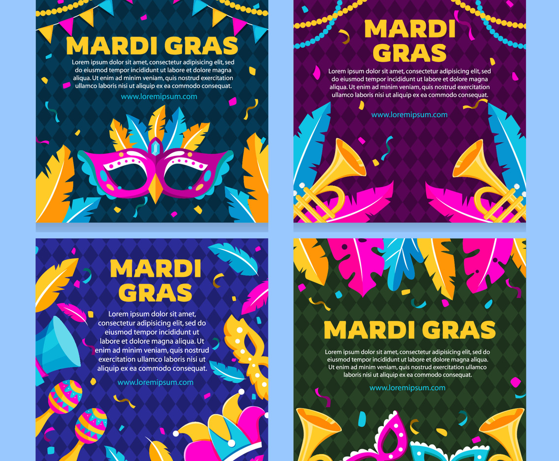 Mardi Gras Celebration Social Media Post with Trumpet and Mask