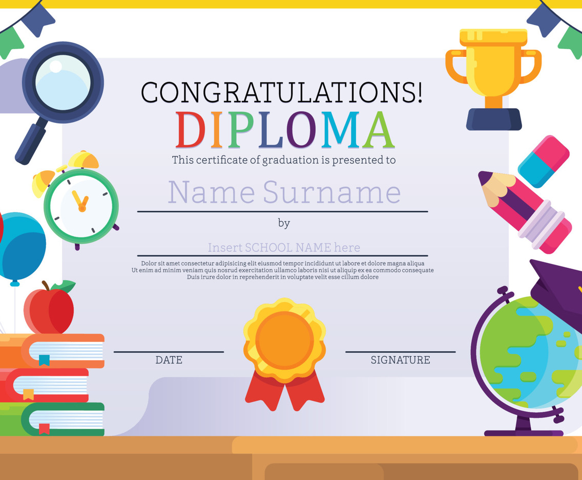 School Graduation Certificate with School Supplies