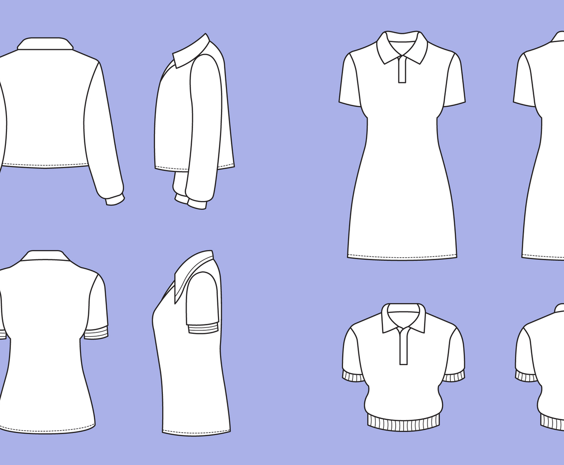 Set of Polo Tshirt Mock Up Flat Outline with alternative view