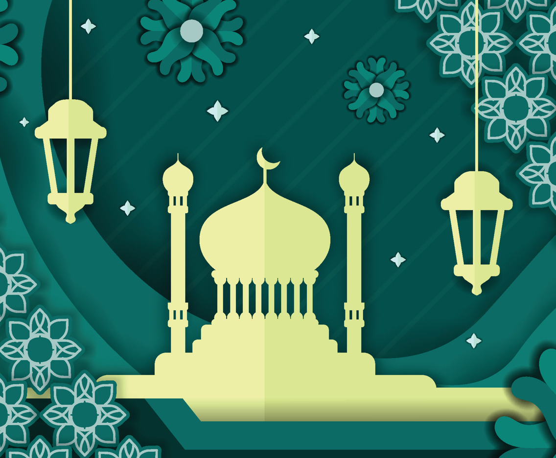 Mosque With Paper Cut Style Background