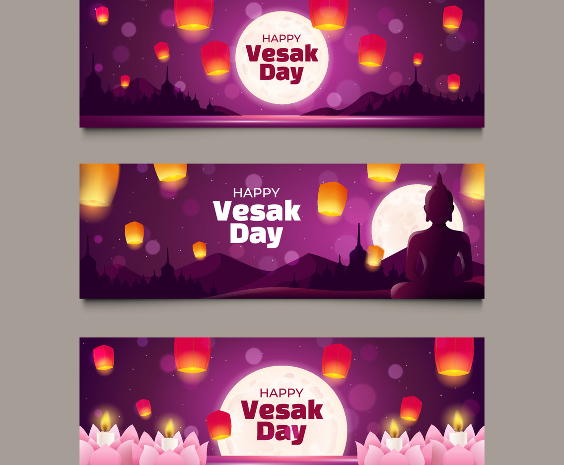Set of Vesak Day Banner With Night View and Lantern