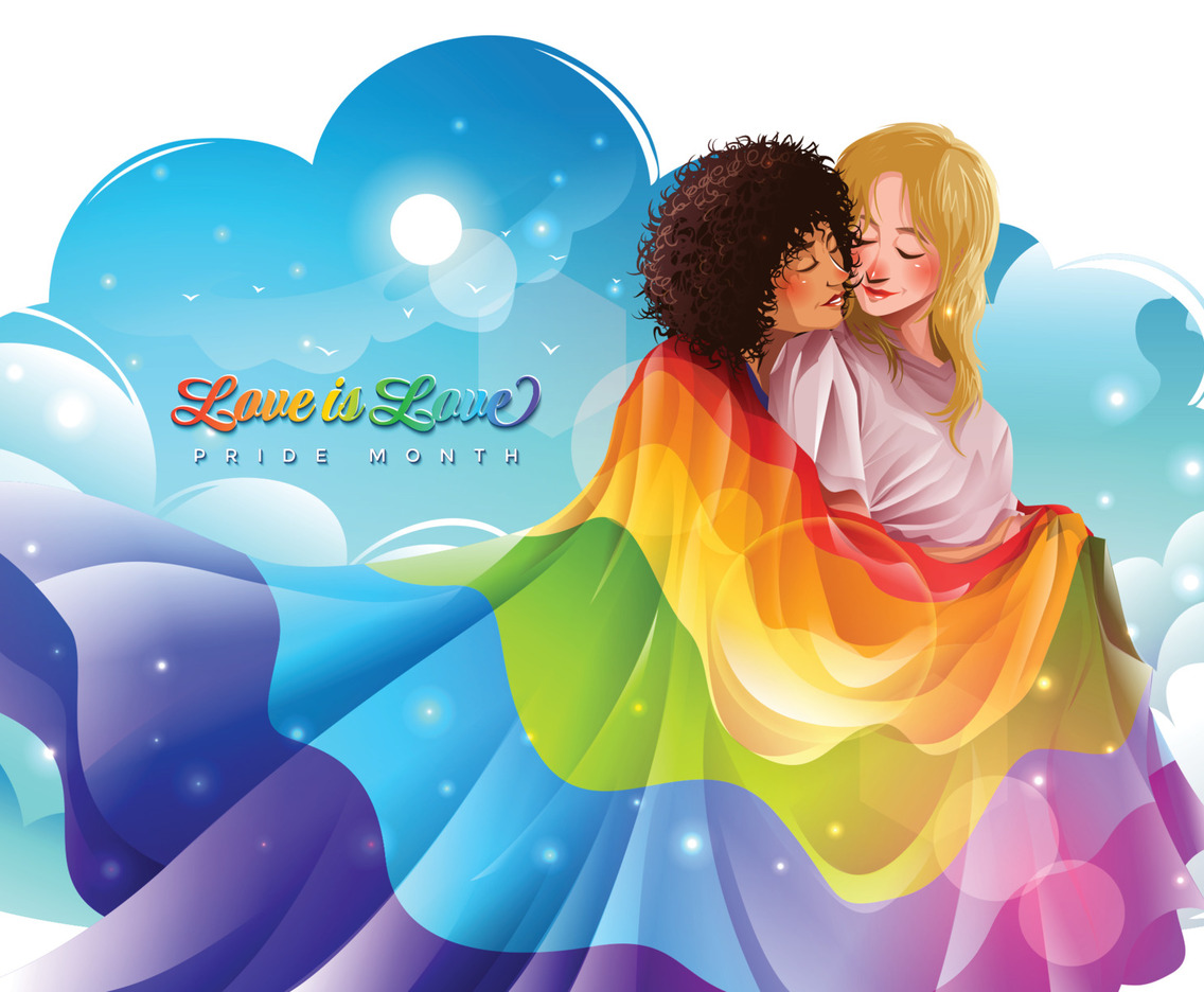 Pride Month with Couple of Girls Hugging and Holding Rainbow Flag