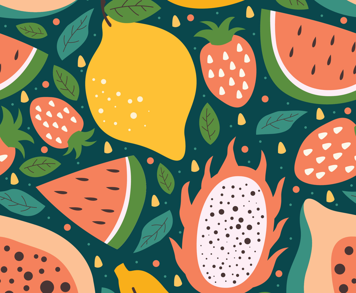 Tropical Fruits Cute Doodle Seamless Pattern Background