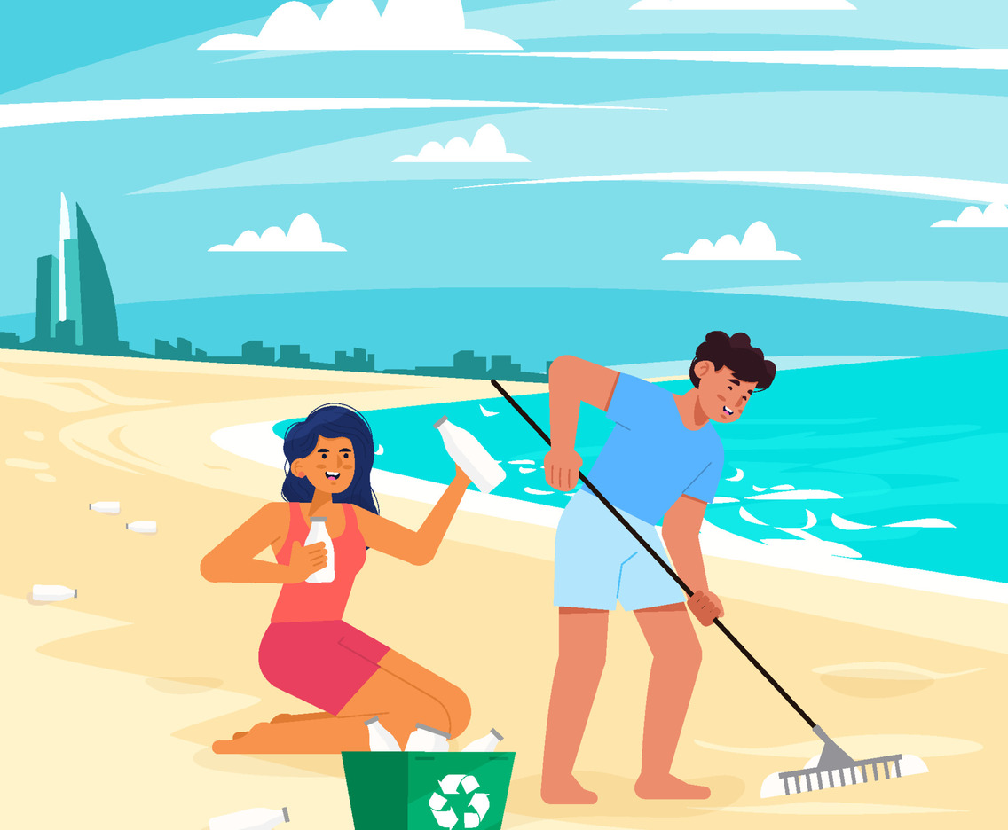Man And Woman Collecting Trash On The Beach Concept