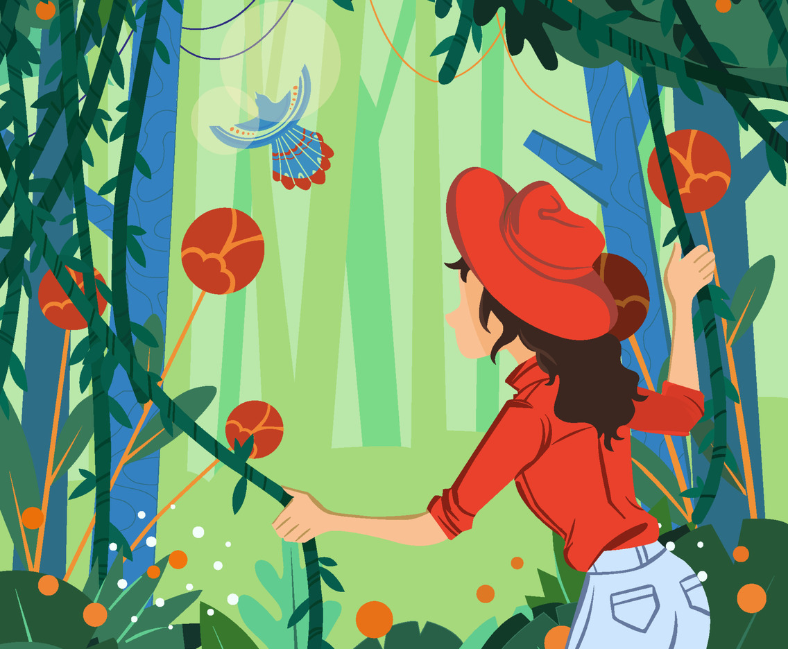Woman Explorer Seek Ancient Bird In Jungle Concept