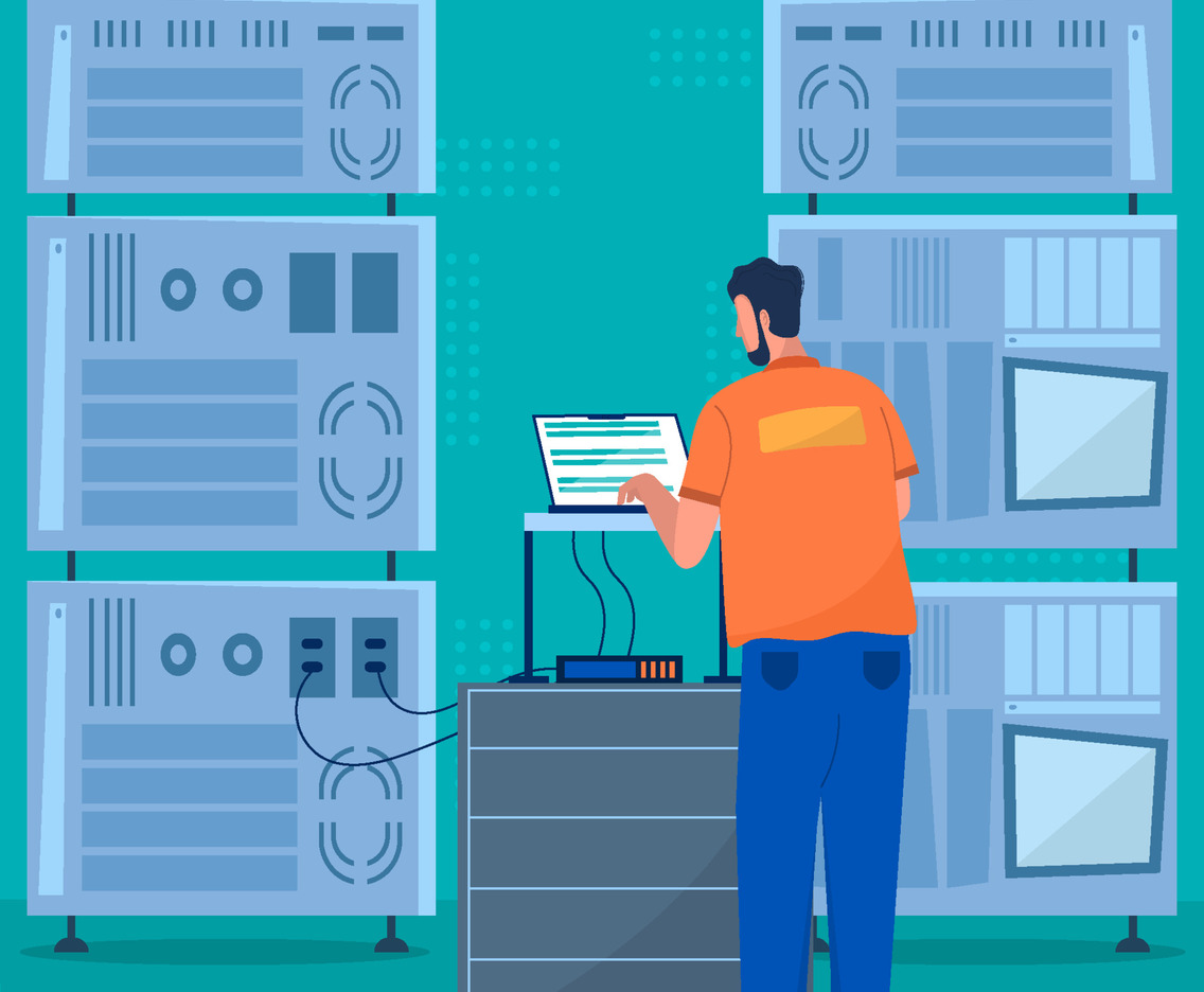 Technician Working In Data Center Room Concept