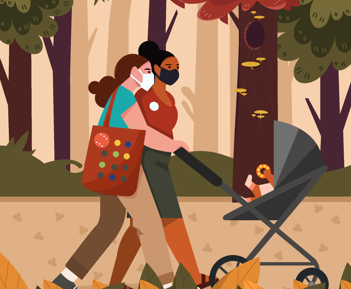 Women with Baby Carriage Walking in Park Concept