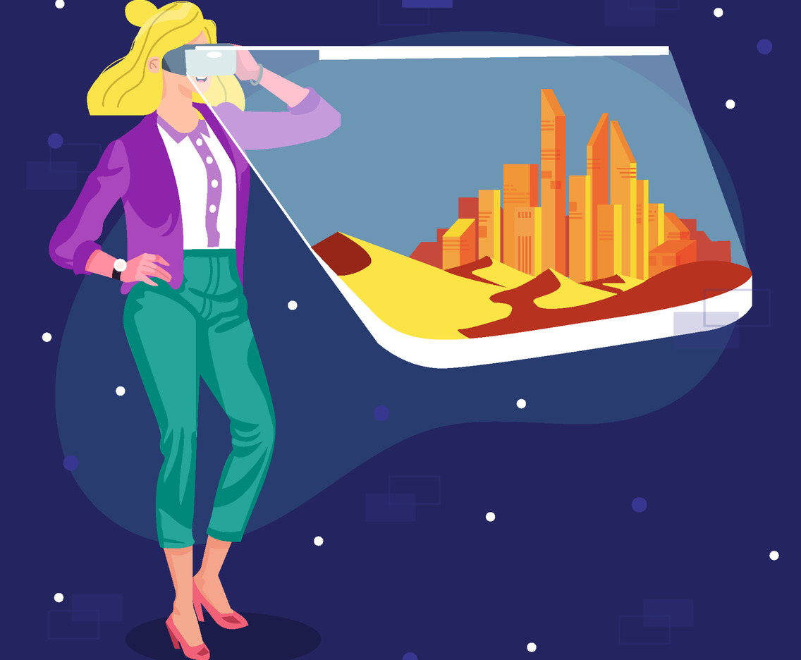 Woman Explore Future City With Virtual Reality Concept