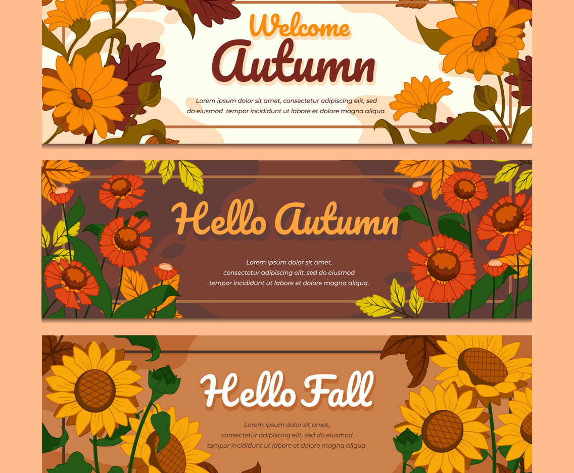 Autumn Fall Season Banner with Blooming Flowers and Leaves