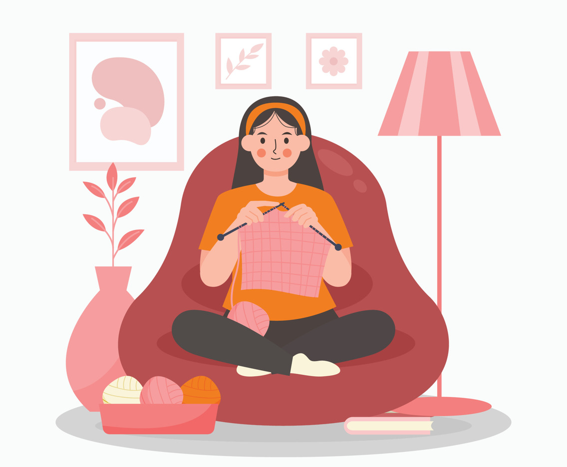 Happy Woman Knitting Wool