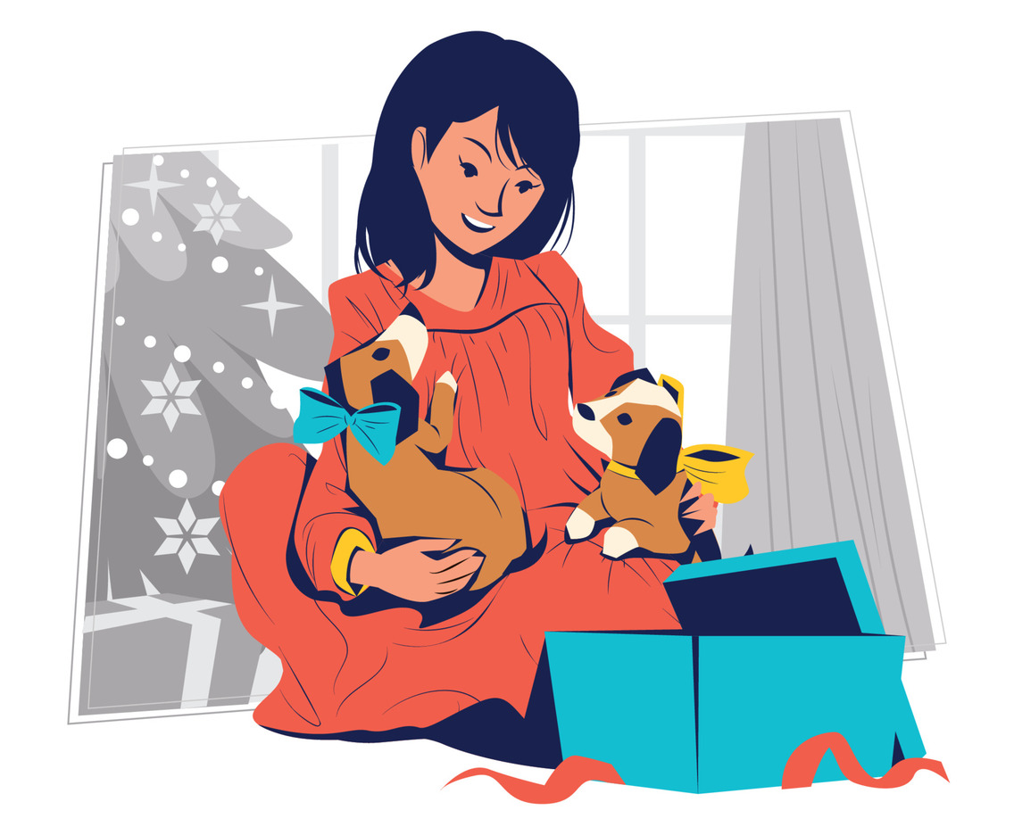 Santa Paws Concept with a Girl Getting Pet Dogs as a Christmas Present