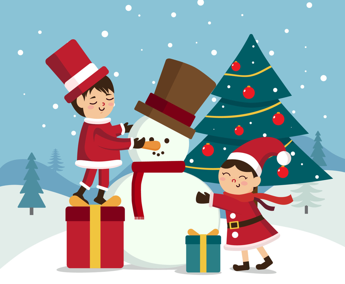 Cute Kids Making Snowman during Winter