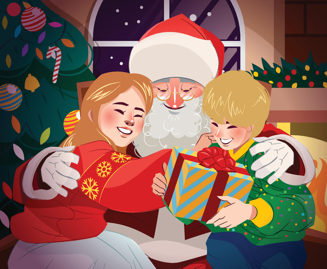 Christmas Party at Home with Santa Claus Giving Christmas Presents to Childrens