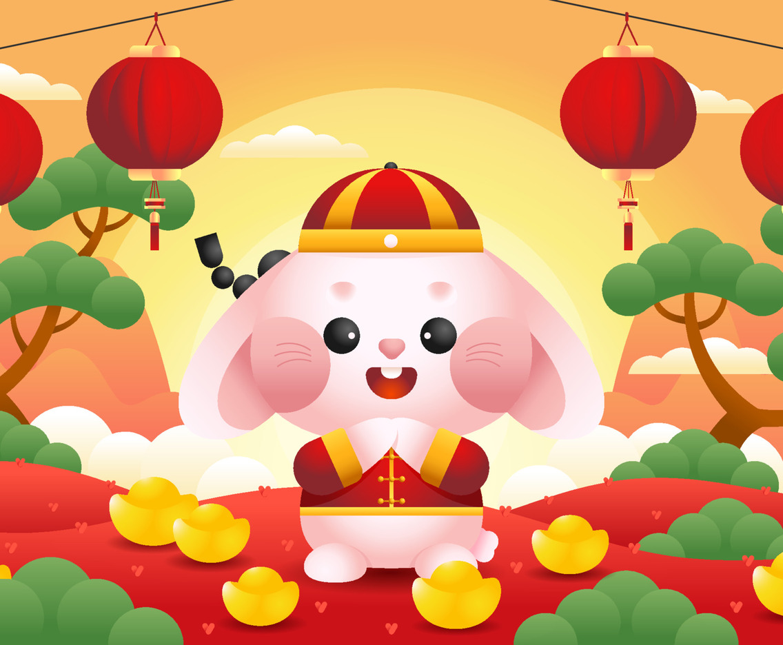 Cute Cartoon Rabbit Celebrates Chinese New Year