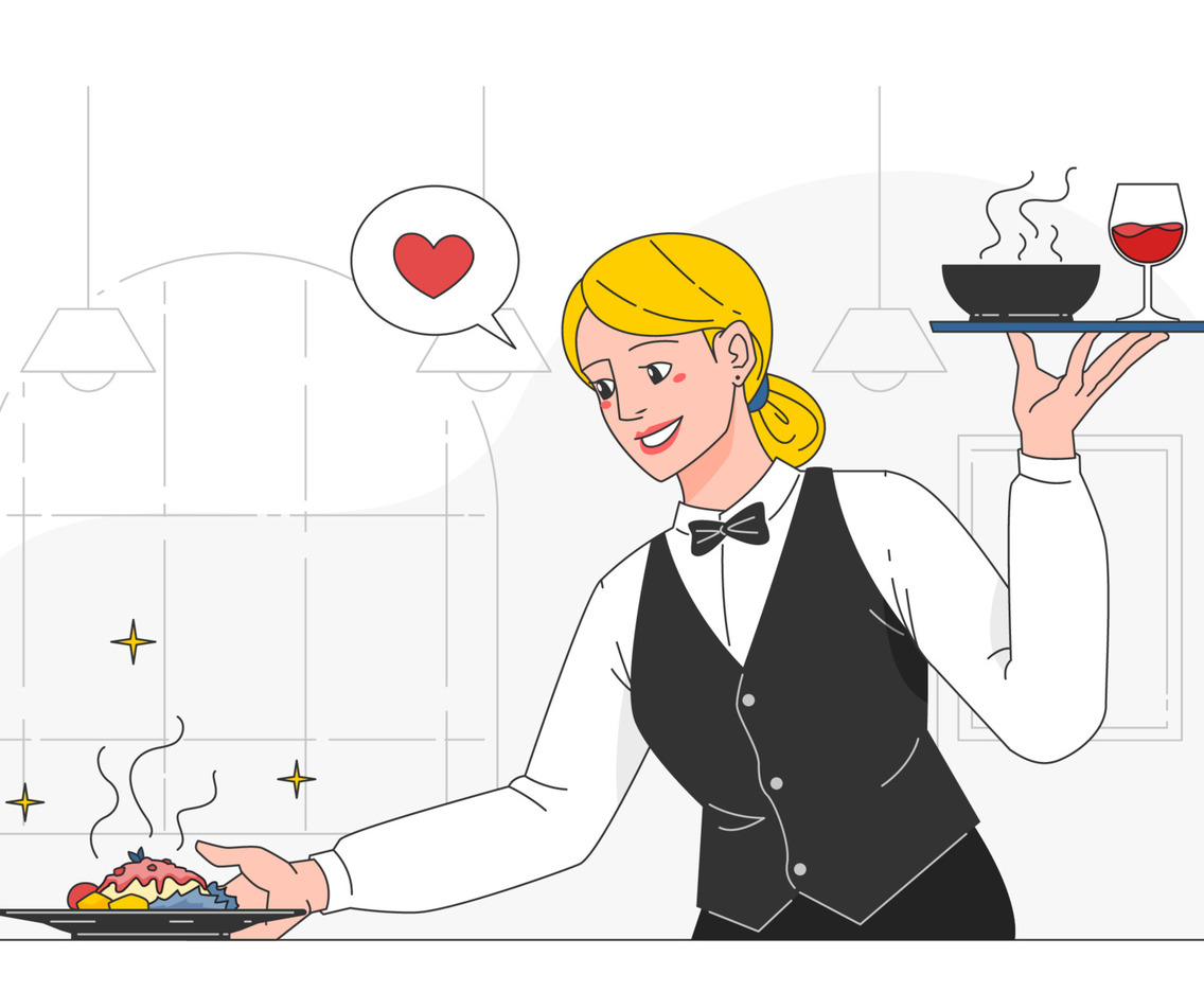 Young Professional Waitress Serving Delicious Food