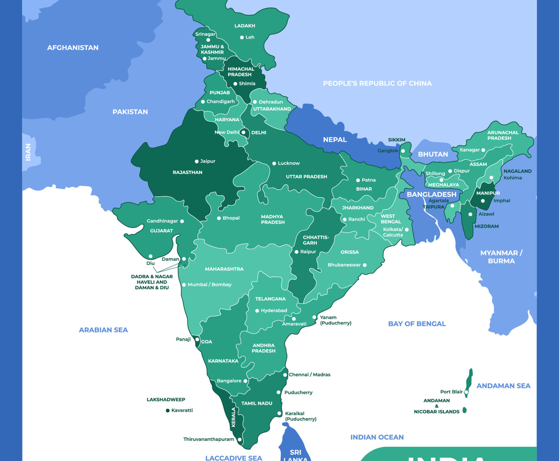 India Geographical Map in Southern Asia Countries