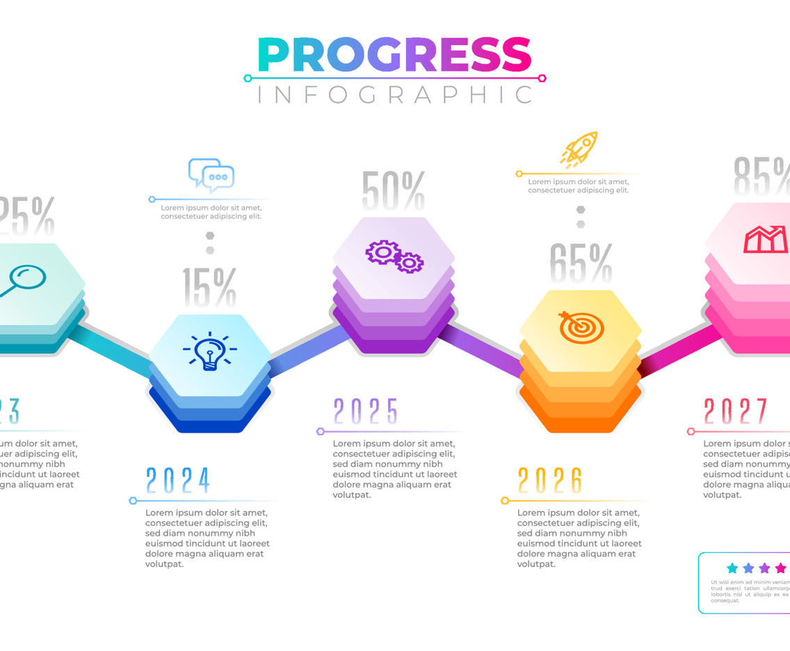 Progress Infographic Template with Colorful Hexagon Elements