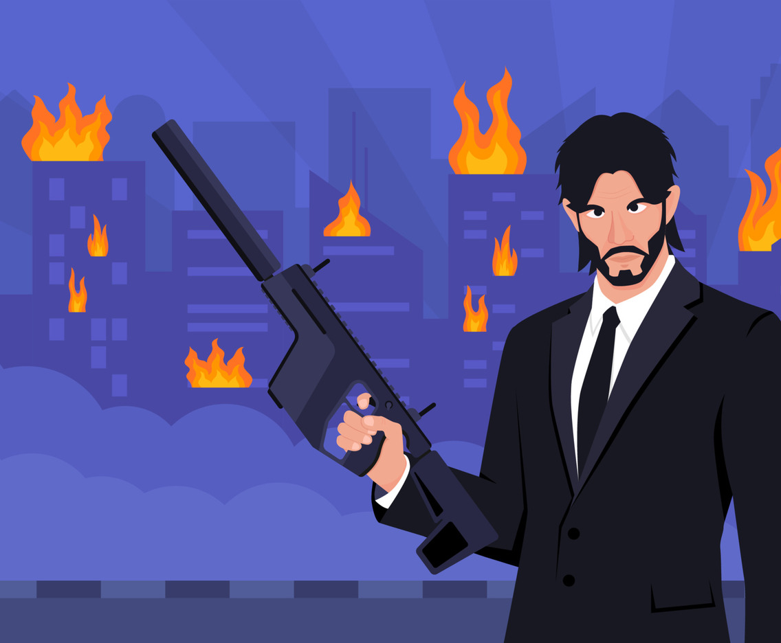 Man Holding Gun with Burning City Background