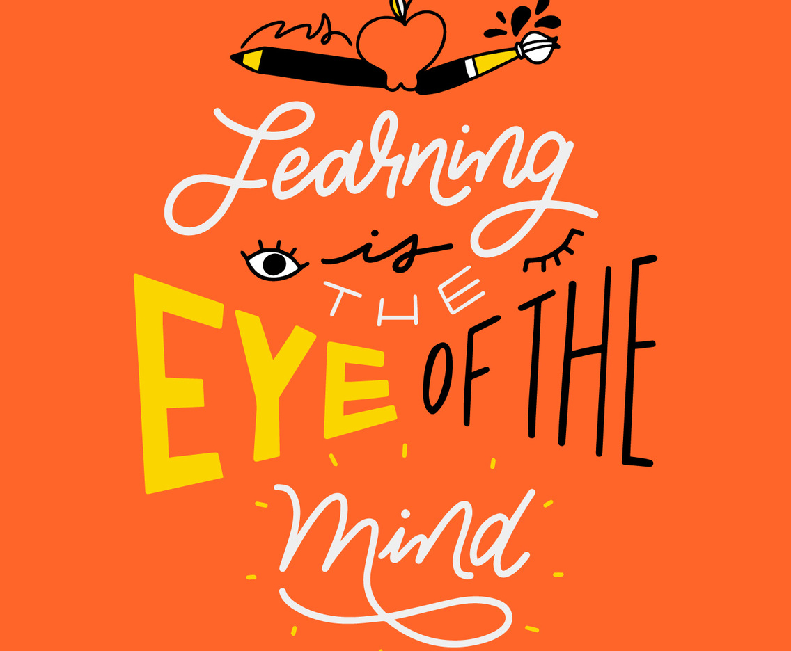 Cool Lettering About School With Apple, Brush, Pencil And Eye