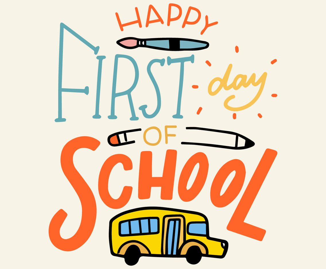 Colorful Lettering With School Bus, Brush And Pencil
