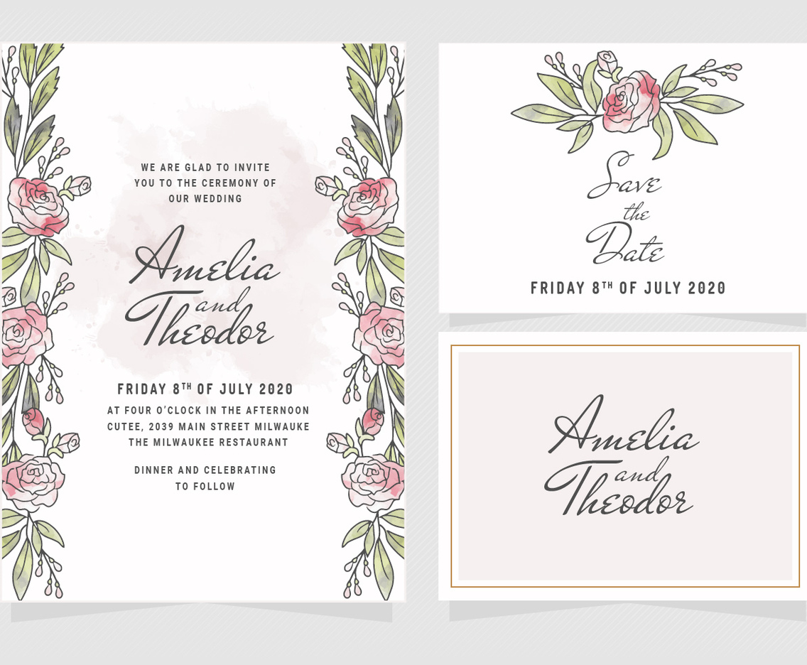 Vector Watercolor Roses Wedding Invitation
