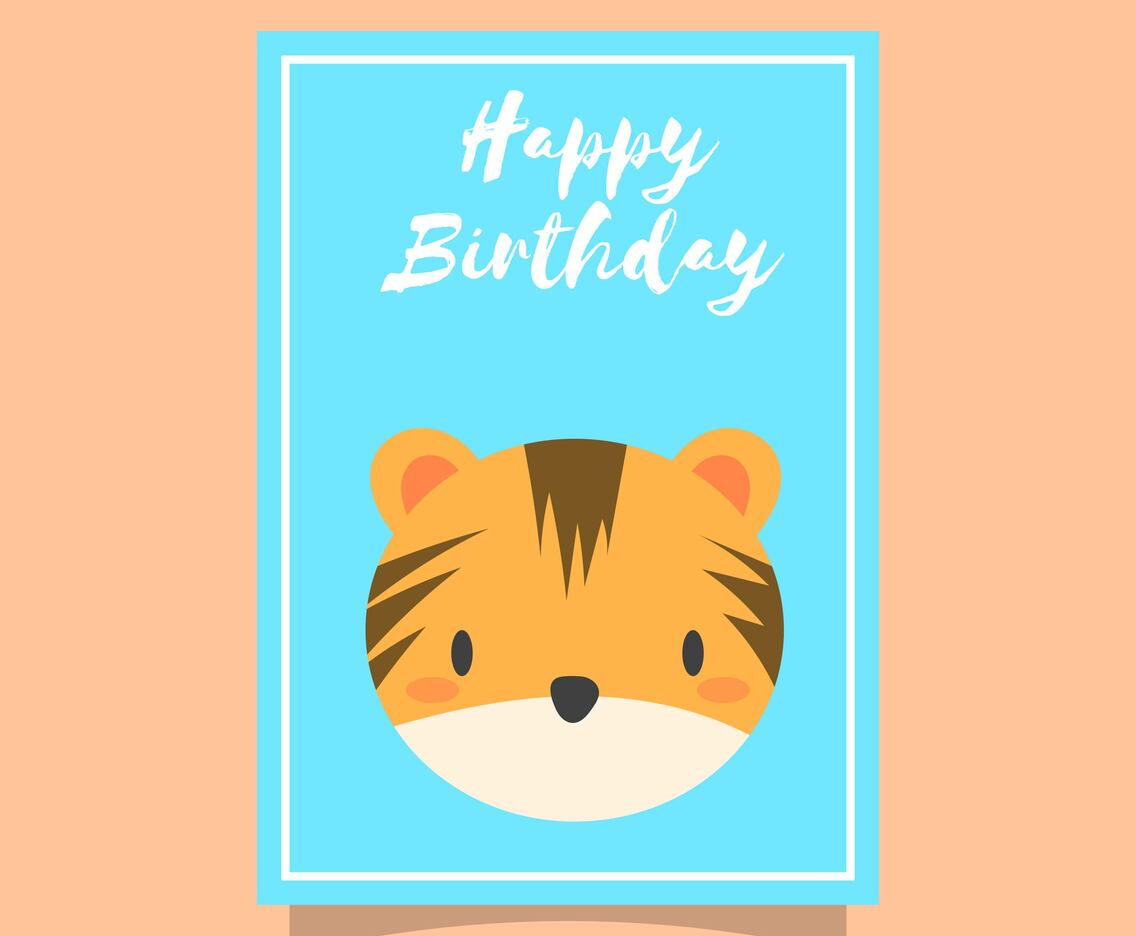 Flat Cute Tiger Happy Birthday Animal Greetings Vector Template