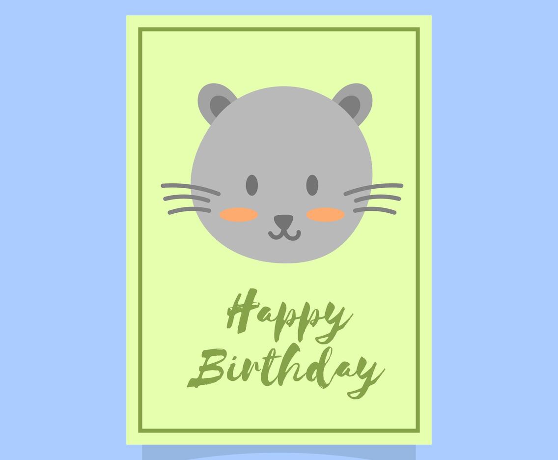 Flat Cute Cat Happy Birthday Animal Greetings Vector Template