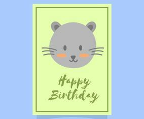 Flat Cute Cat Happy Birthday Animal Greetings Vector Template