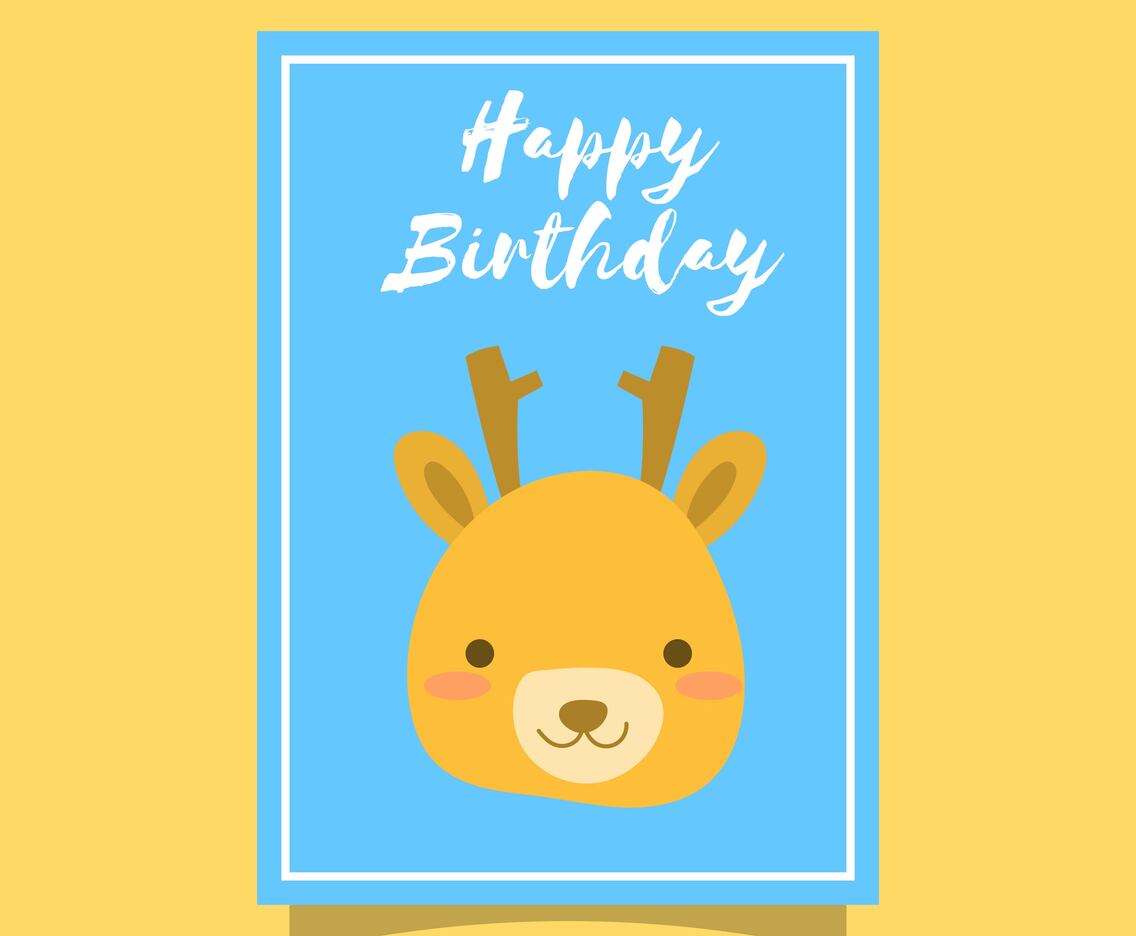 Flat Cute Deer Happy Birthday Animal Greetings Vector Template