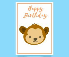 Flat Cute Monkey Happy Birthday Animal Greetings Vector Template