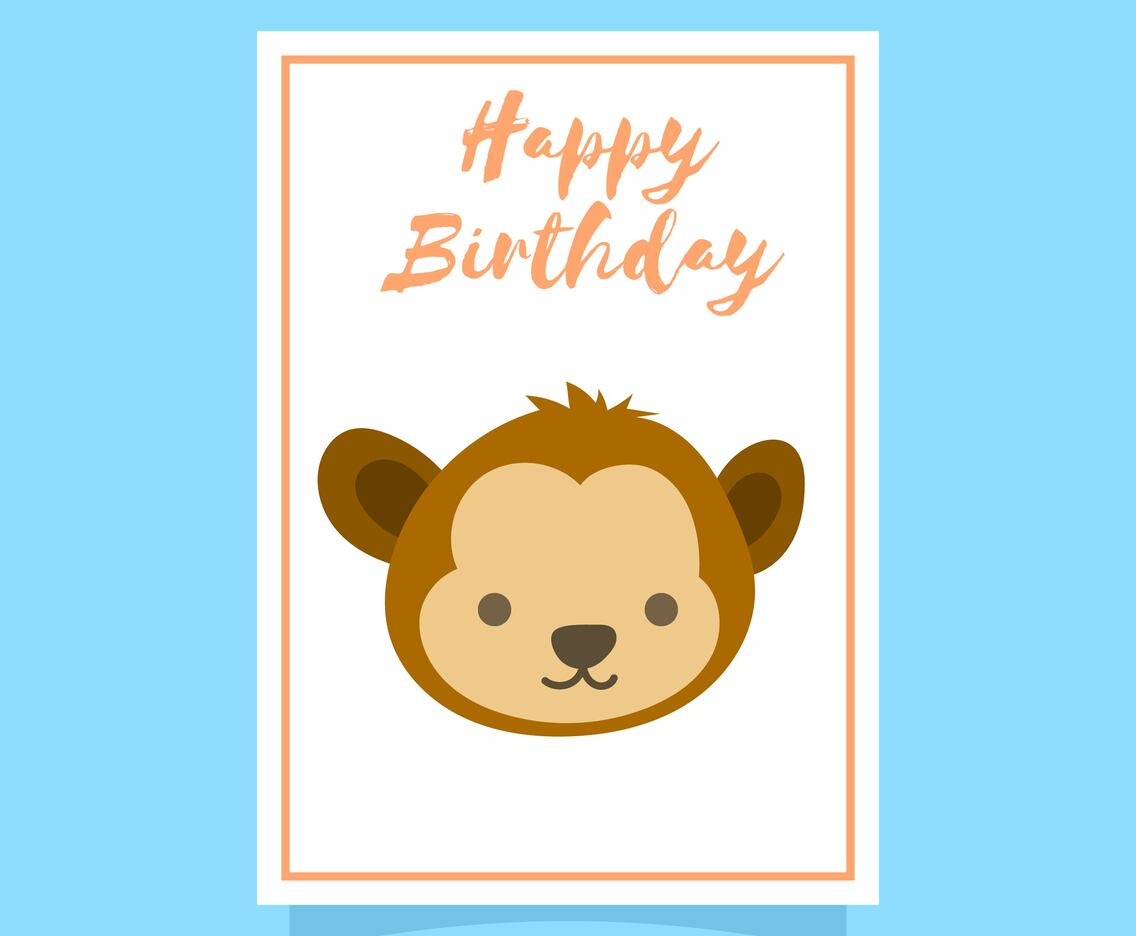 Flat Cute Monkey Happy Birthday Animal Greetings Vector Template