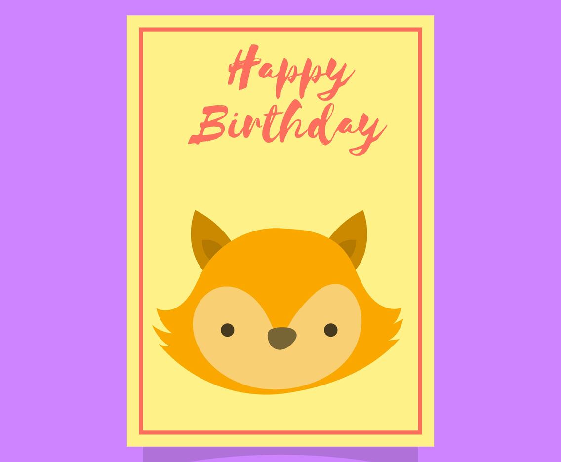 Flat Cute Fox Birthday Animal Greetings Vector Template