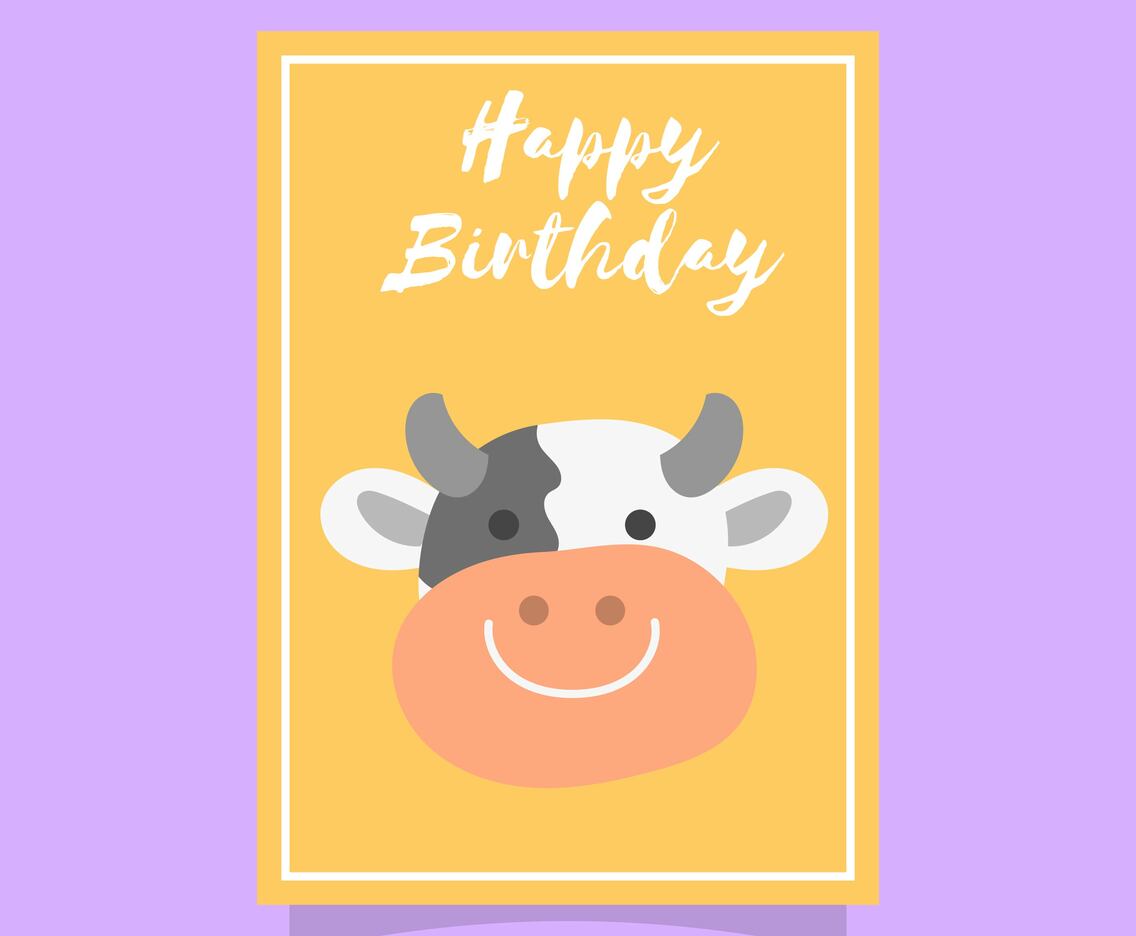 Flat Cute Cow Birthday Animal Greetings Vector Template