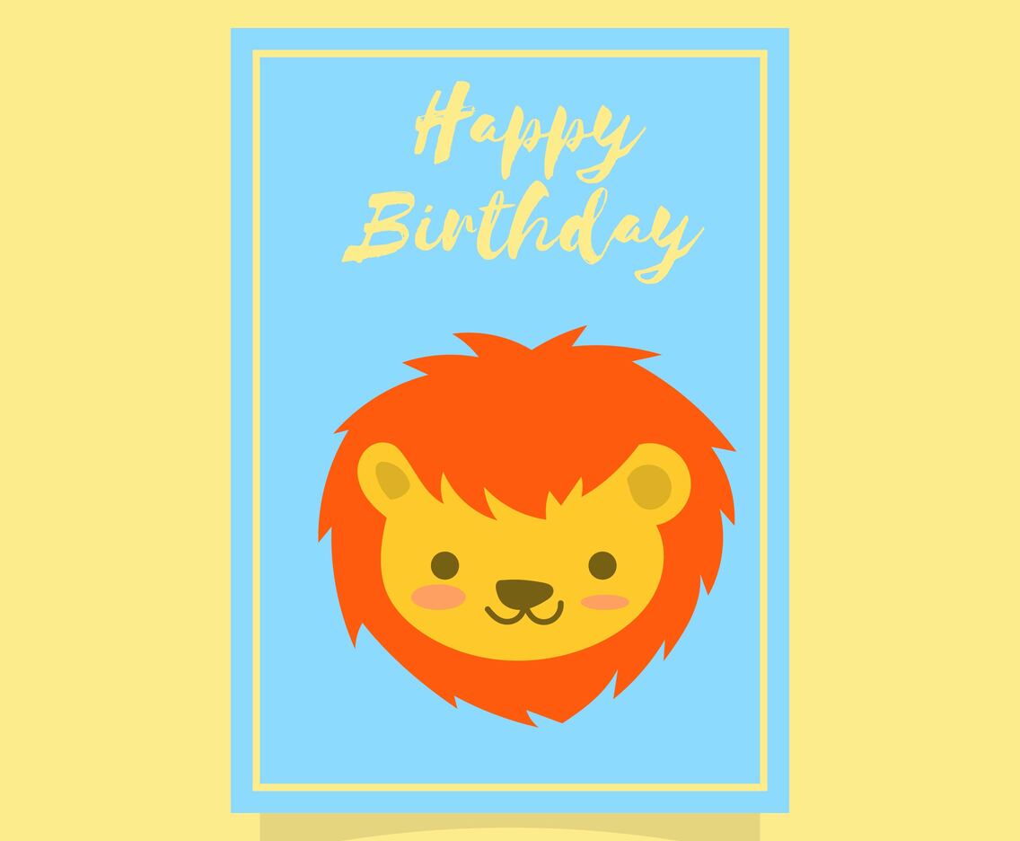 Flat Cute Lion Birthday Animal Greetings Vector Template