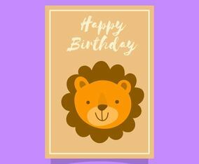 Flat Cute Lion Birthday Animal Greetings Vector Template