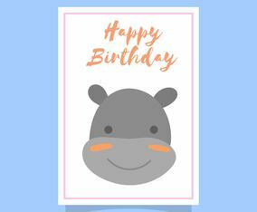 Flat Cute Hippopotamus Birthday Animal Greetings Vector Template