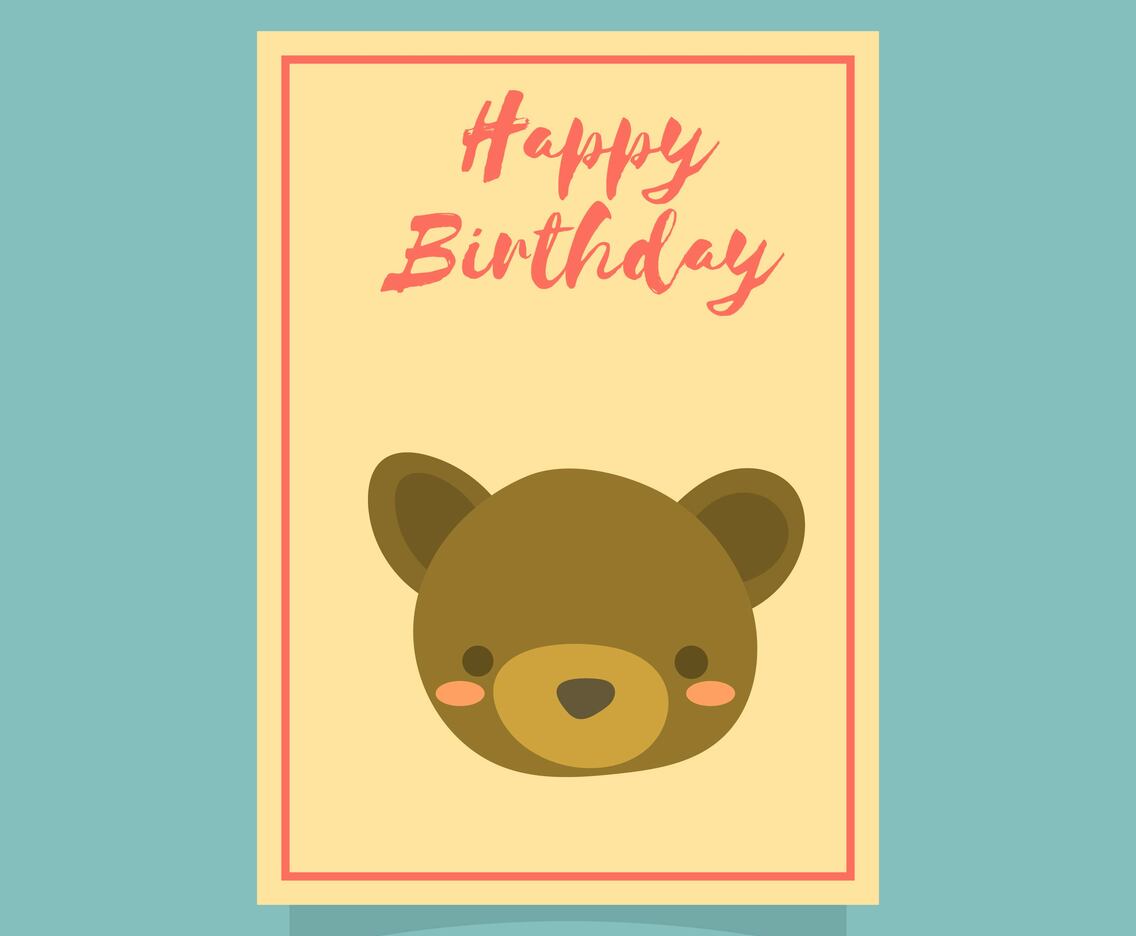 Flat Cute Bear Happy Birthday Animal Greetings Vector Template