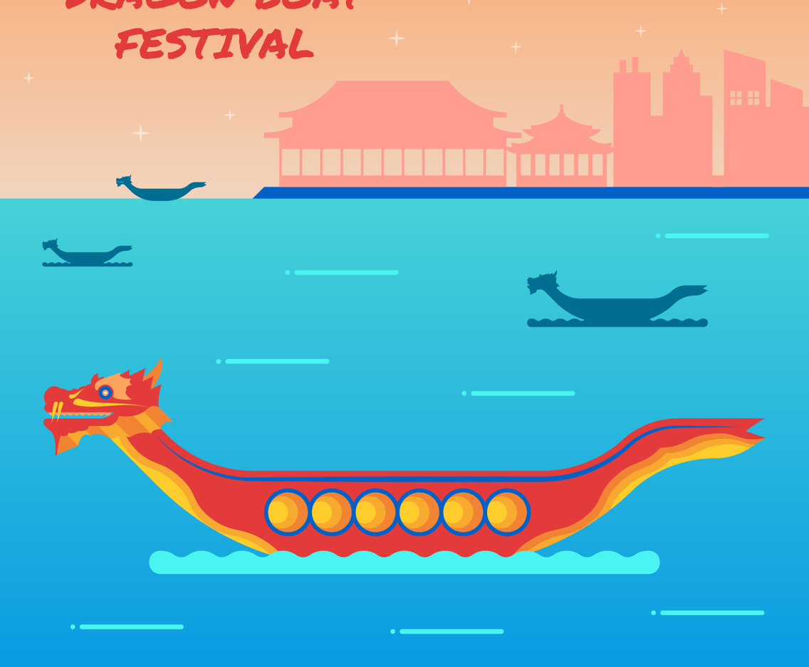 Dragon Boat Festival with Chinese Building Silhouette