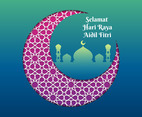 Hari Raya Greeting Template Islamic Crescent With Mosque Vector Illustration
