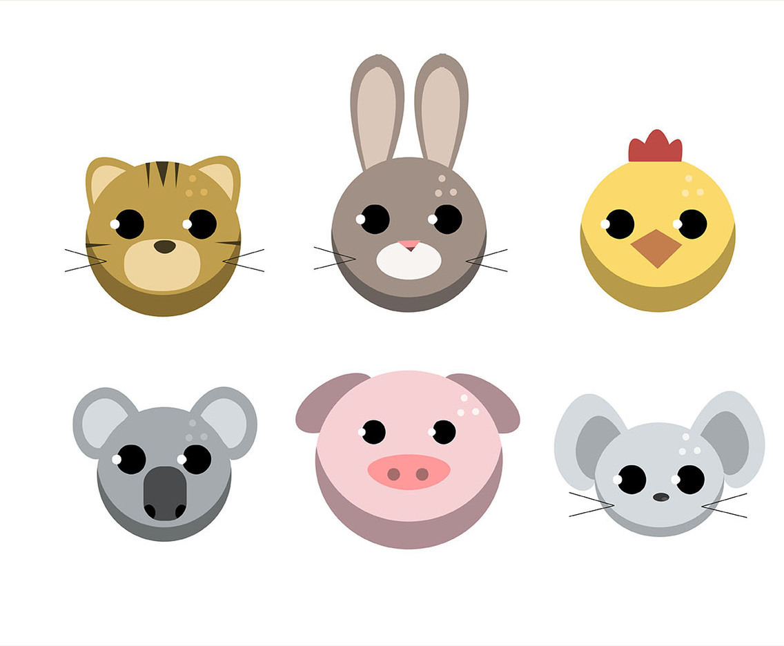 Animal Faces Set on White Background