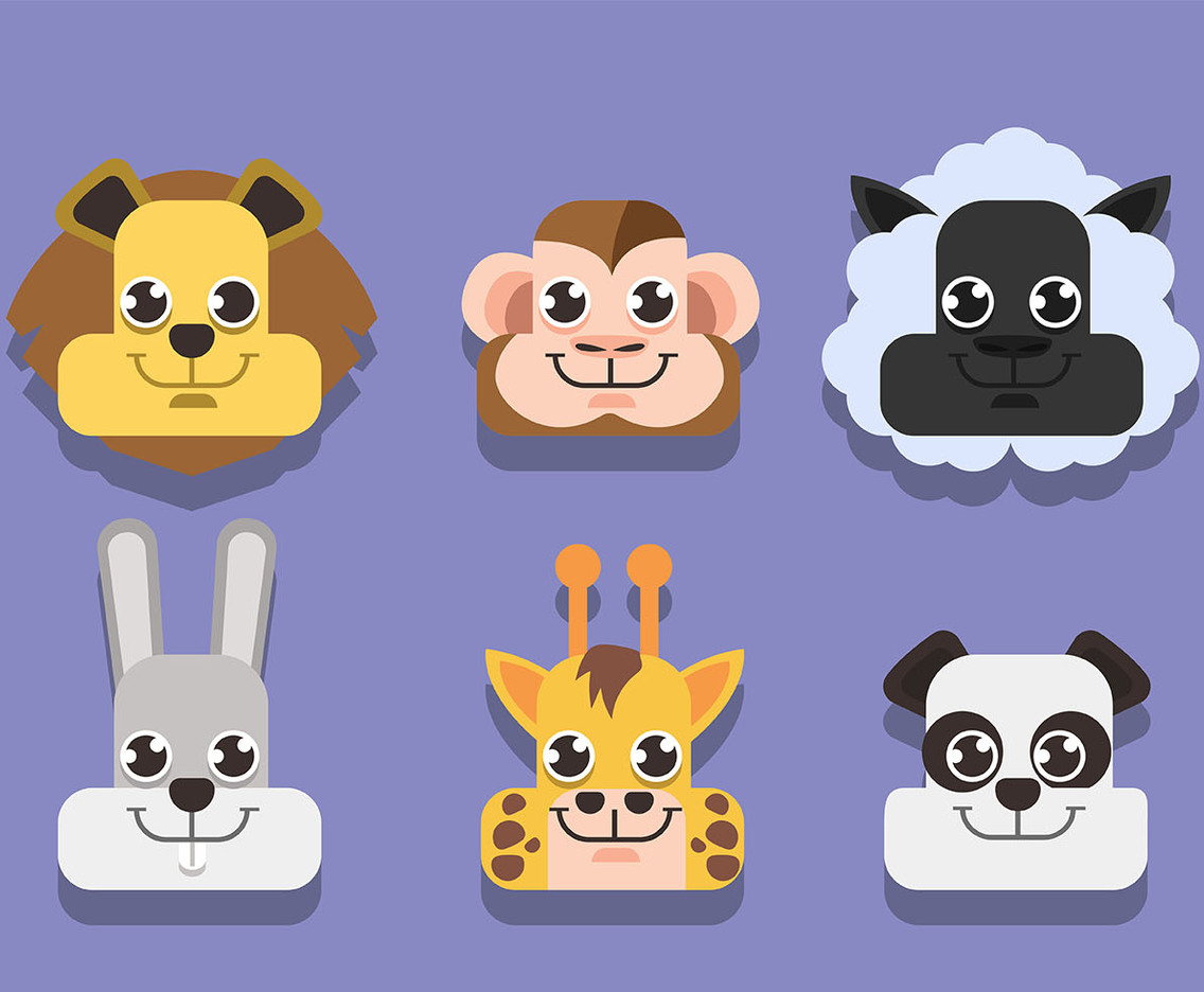 Animal Faces Set on Purple Background