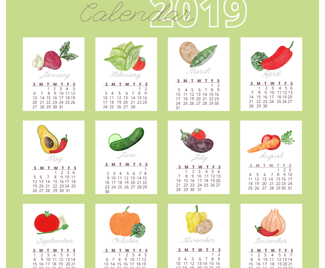 Watercolor Veggies Calendar 2019