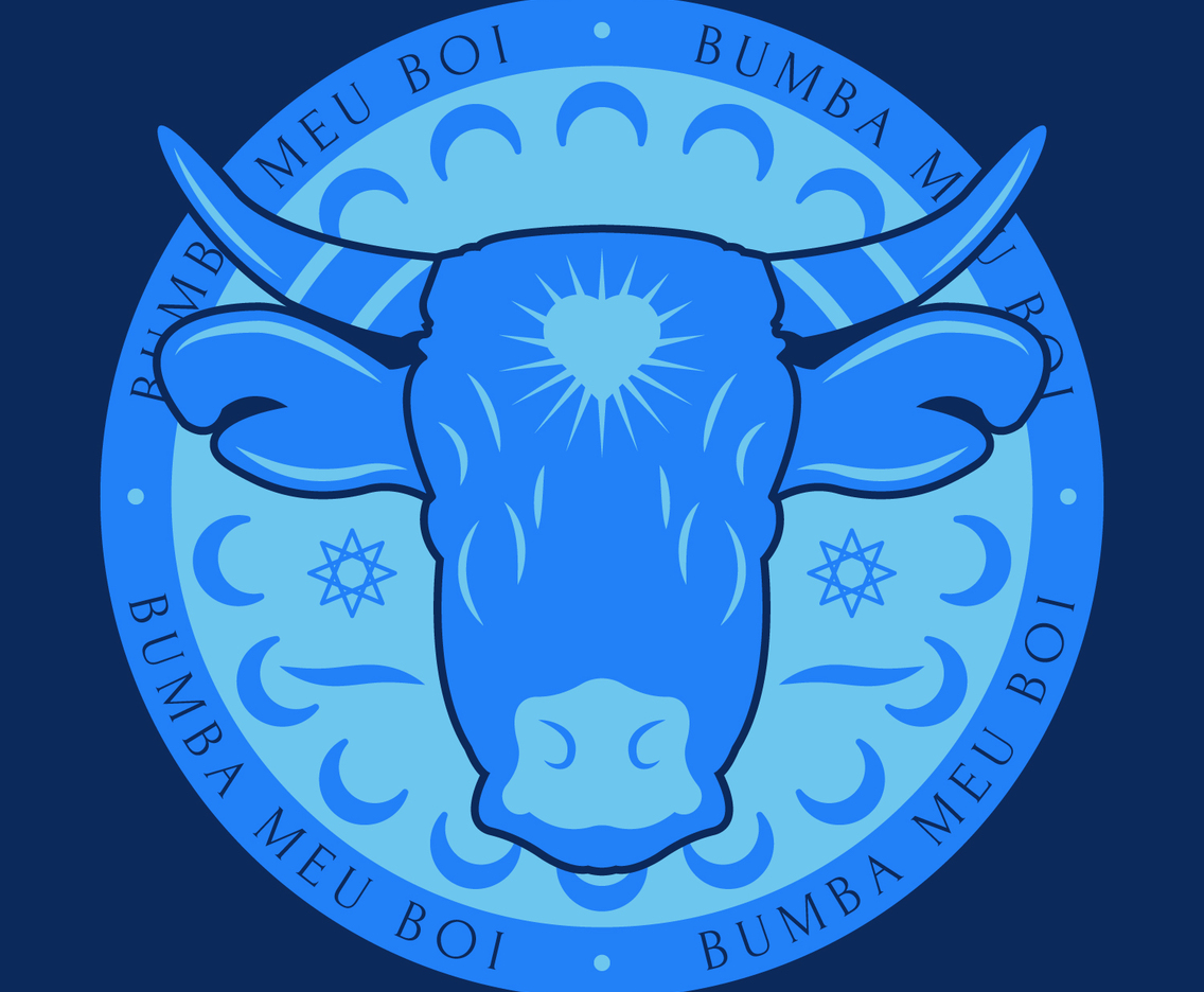 Blue Bumba Meu Boi Bull Badge with Dark Background