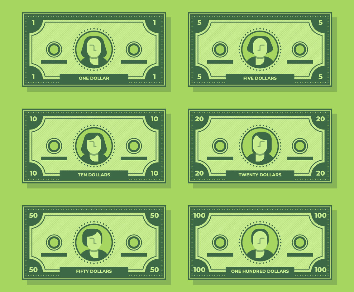 Cartoon Banknote Dollar Cash Flat Icon Set Illustration
