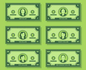 Cartoon Banknote Dollar Cash Flat Icon Set Illustration