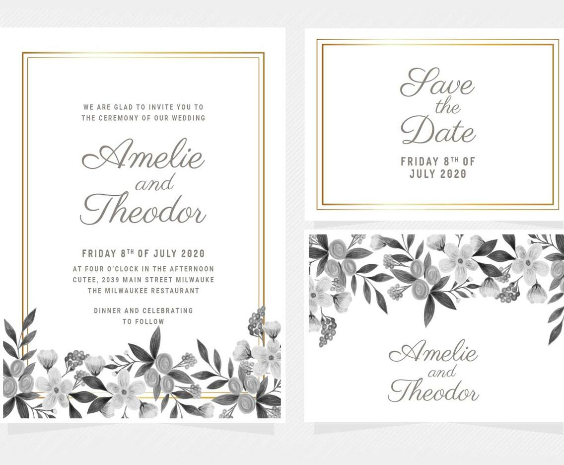 Vector Hand Drawn Floral Wedding Invitation
