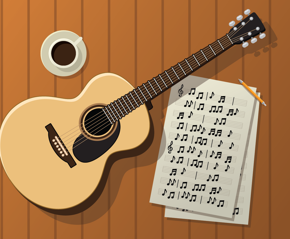 Guitar, Partiture and Coffee On A Wooden Table