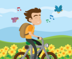 A Boy Riding Bicycle On A Flower Field