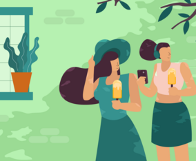 Girls Enjoying Summer Vacation Outdoor Vector Illustration